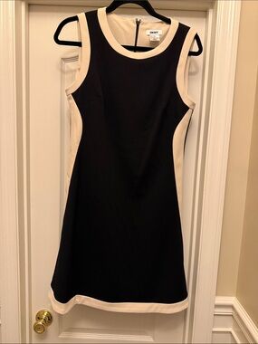 DKNY Black and Cream Contrast Trim Midi Sheath Dress
